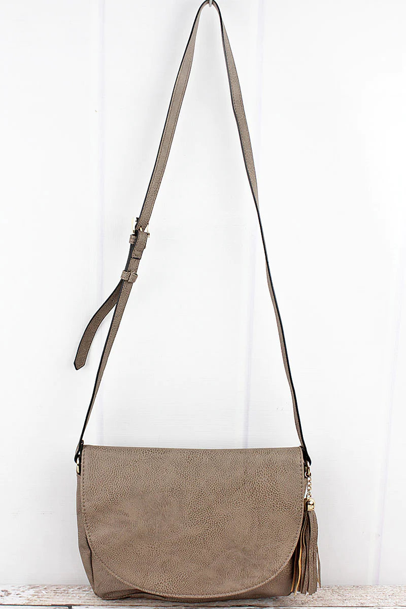TAUPE GRAY FAUX LEATHER CROSSBODY
